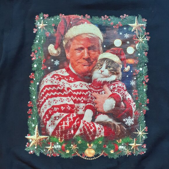 Trump with Cat in Christmas Sweaters - New Large Black Sweatshirt - Picture 2 of 5